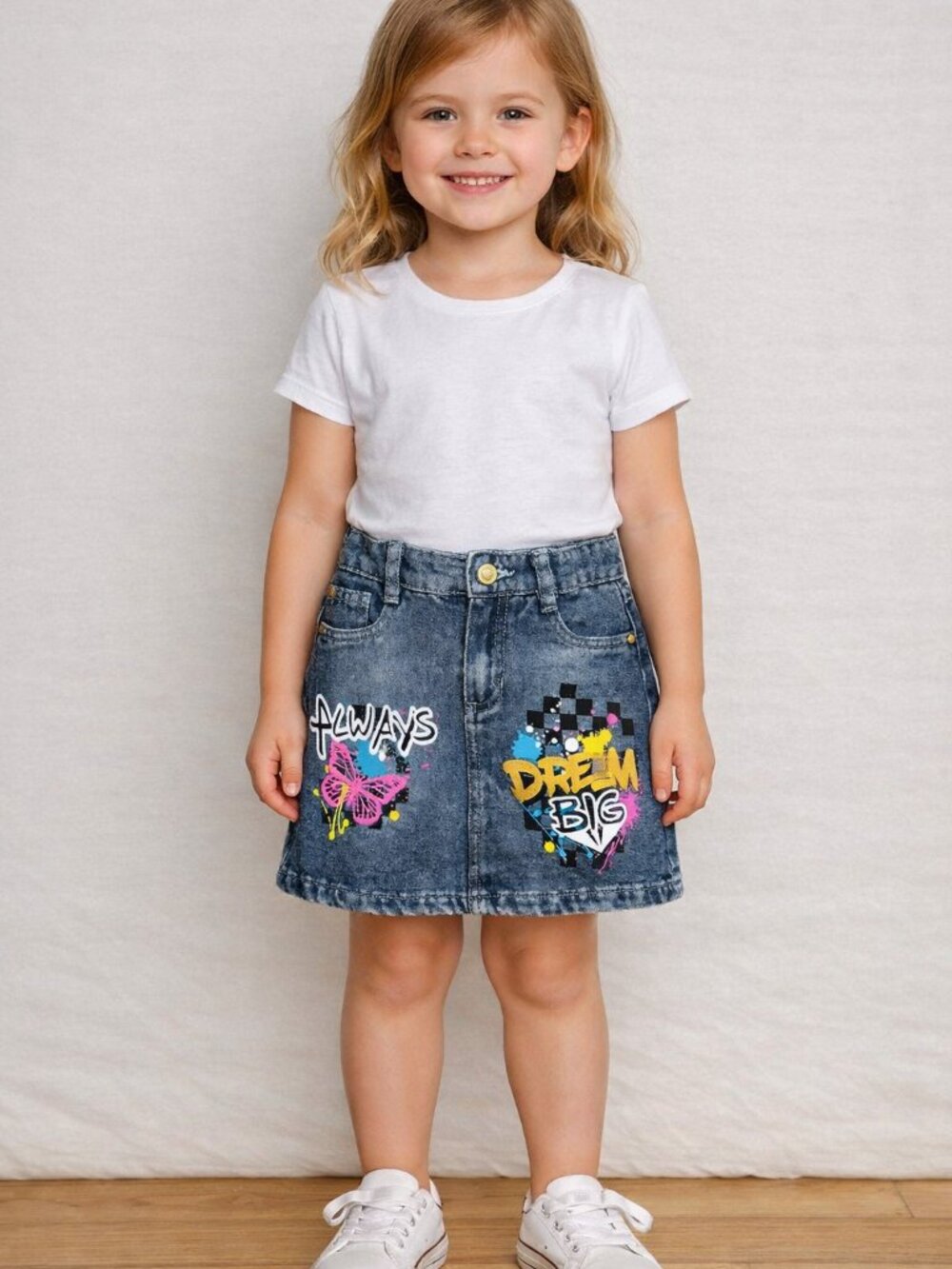 Girls ♥️♥️♥️ Denim Skirt with Colorful Graphics Size 5 NWT